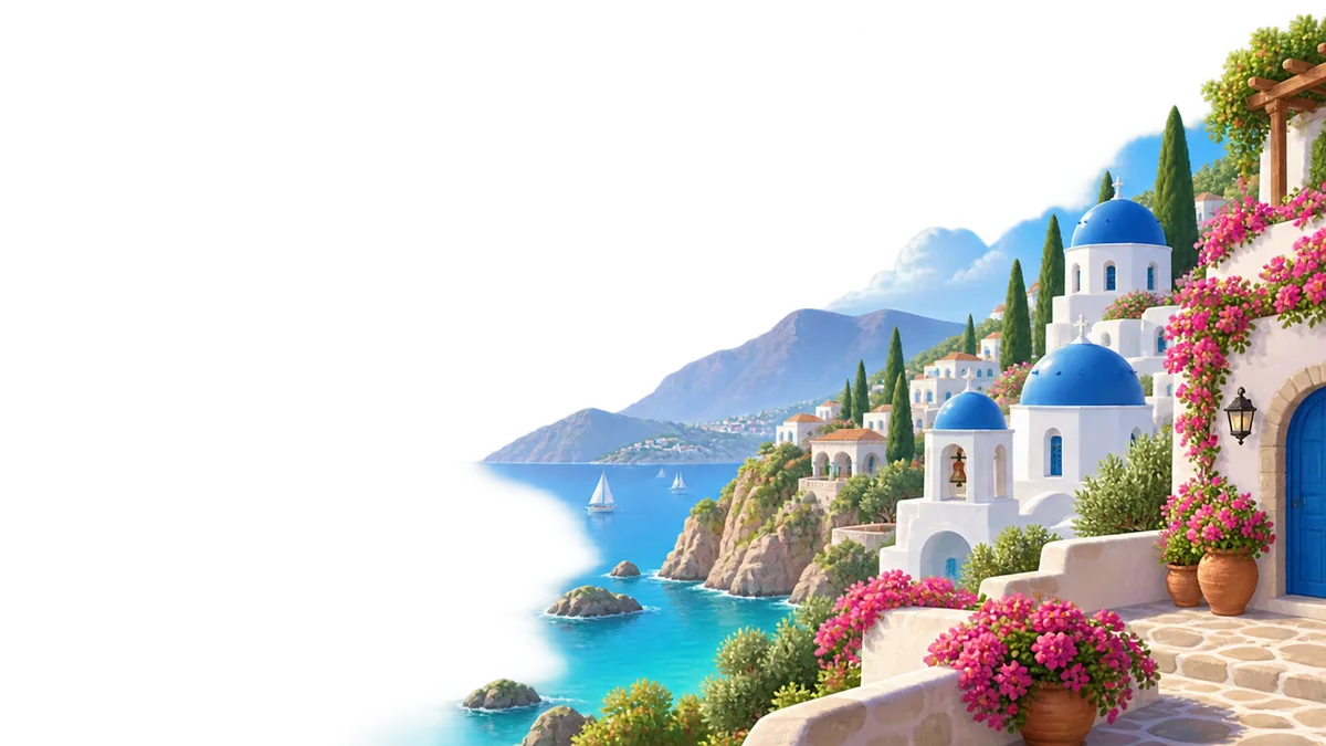 Bright coastal village with white houses, blue domes, flowers, and a calm sea