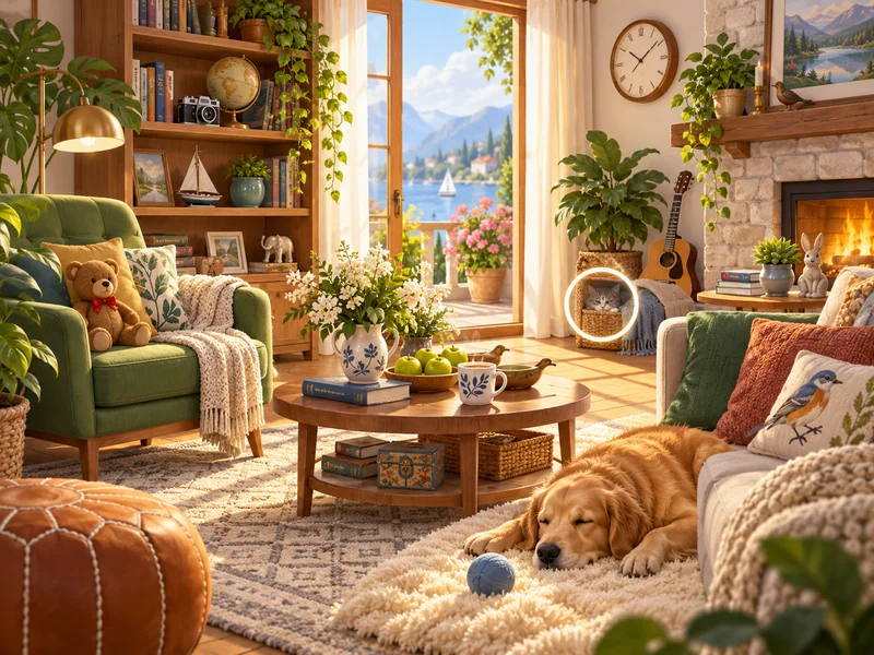Hidden object puzzle scene in a sunny living room with a hidden cat