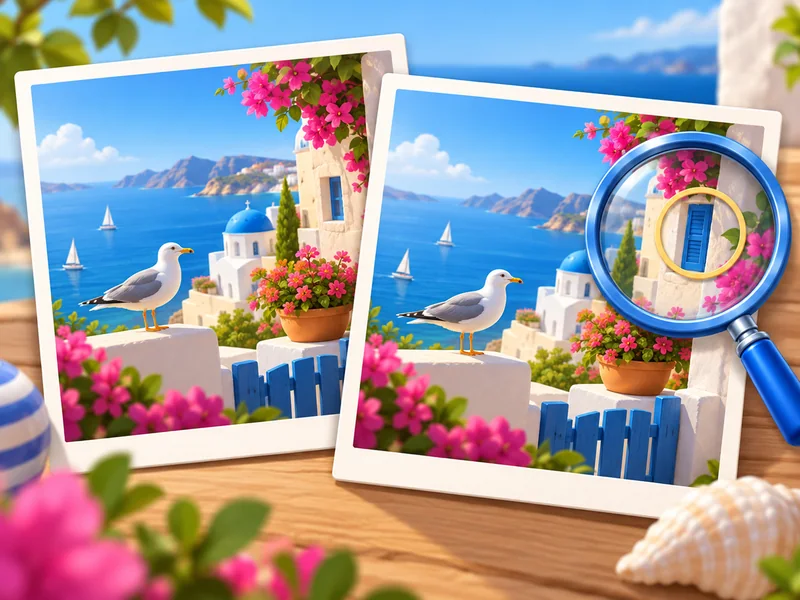Two colorful picture puzzles with a magnifying glass for spotting differences