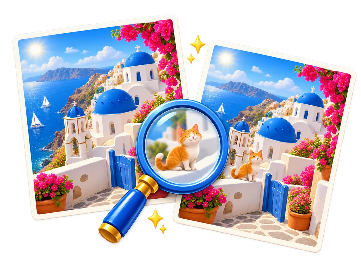 Two sunny coastal picture puzzles with a magnifying glass highlighting a cat