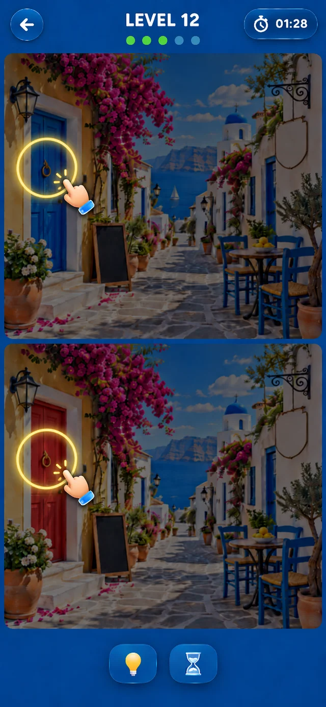 Find Differences gameplay with a helpful hint revealing a hidden difference
