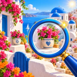 Find Differences game icon with a magnifying glass and a sunny coastal village