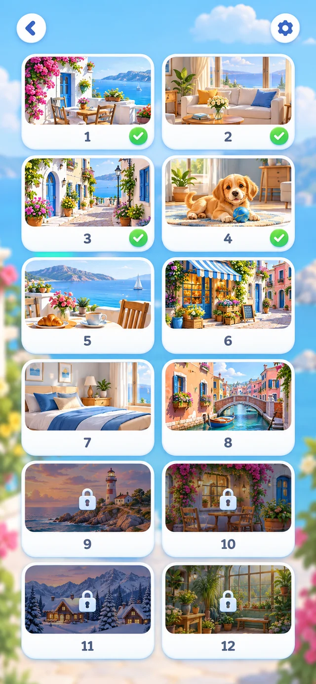 Find Differences level selection with colorful picture puzzles
